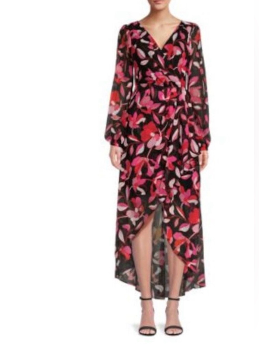 Guess Long Sleeve Floral Wrap Maxi Dress in Pink & Black Size 4 Boho